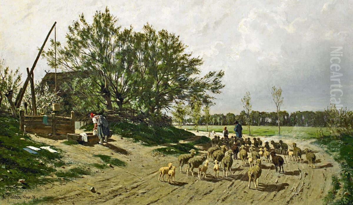 Landschaft in Mecklenburg mit Schafer und seiner Herde Oil Painting by Carl Malchin