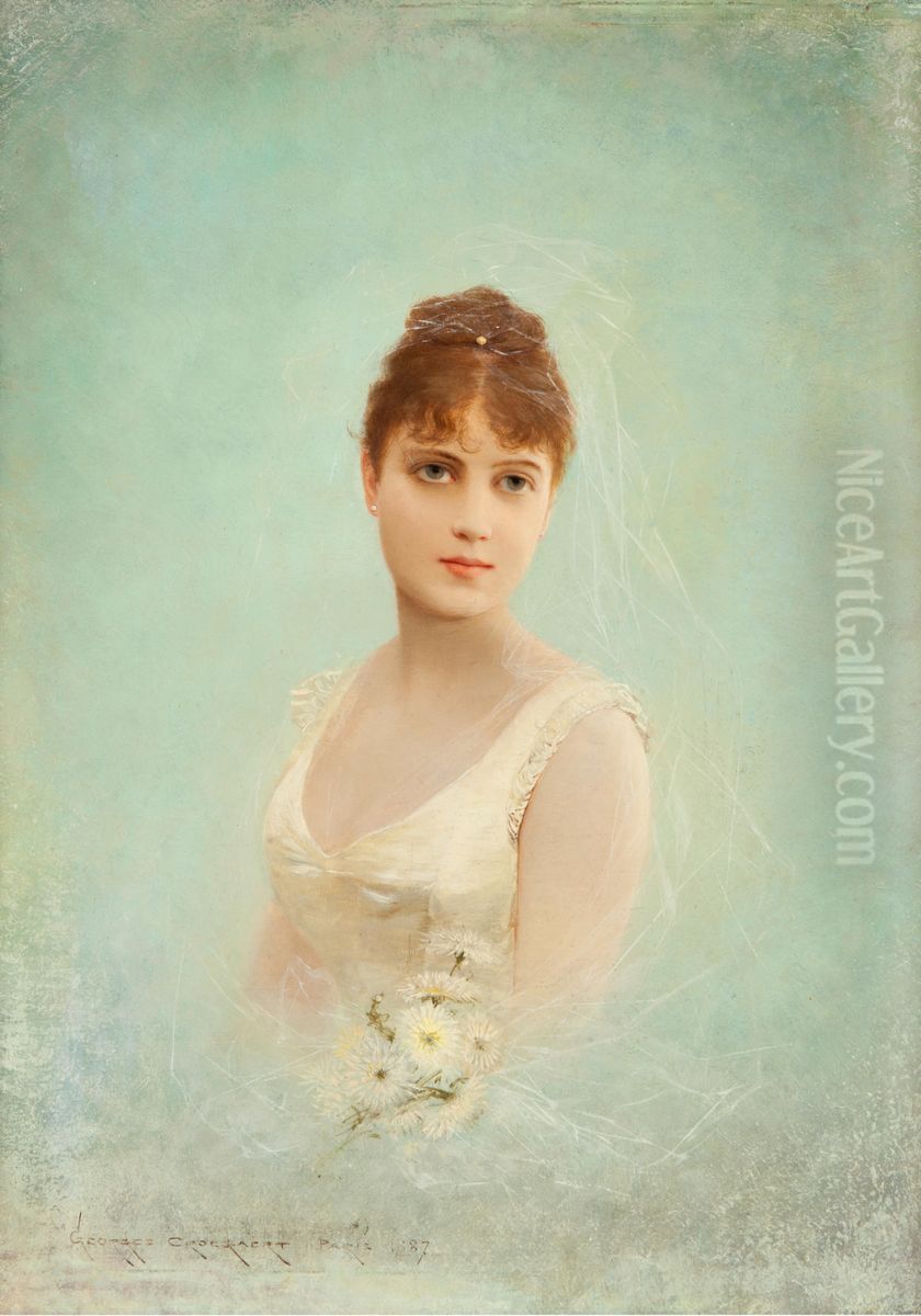 Portrait of a girl in a white dress Oil Painting by Georges Croegaert