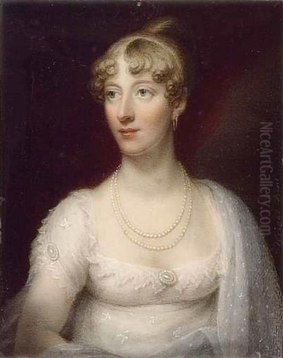 A Lady, wearing white dress with lace collar and pearl brooches at her corsage and sleeve Oil Painting by John Wright