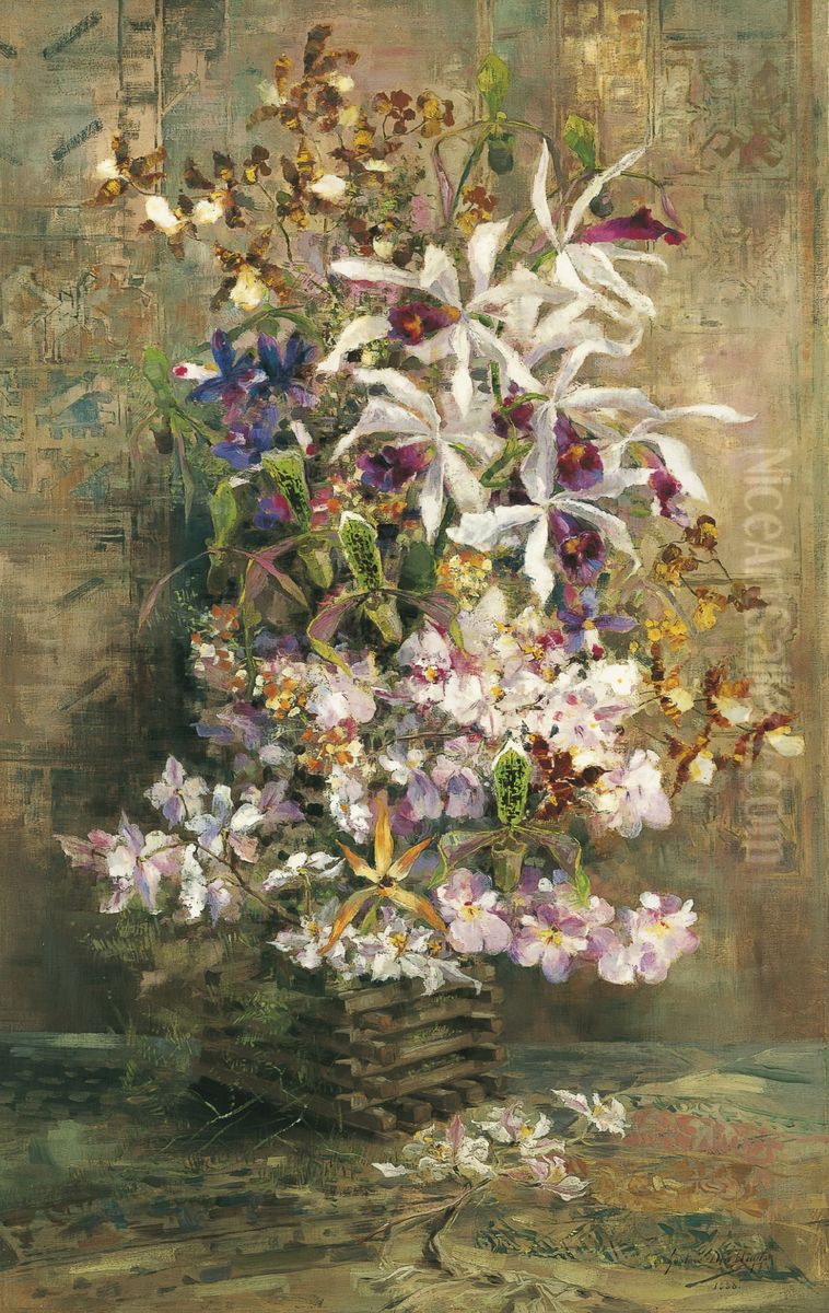 Still life with orchids Oil Painting by Gustave Den Duyts