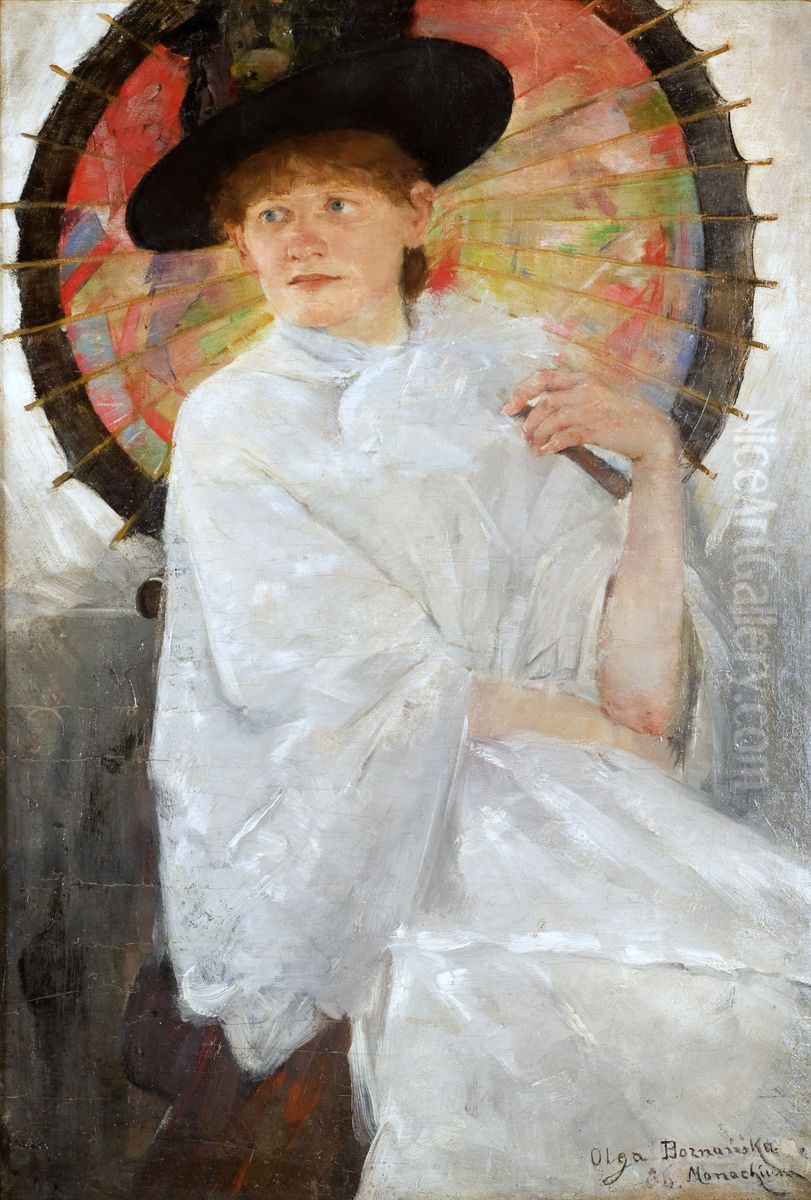 Portret mlodej kobiety z czerwona parasolka (Portret siostry artystki z czerwona parasolka) Oil Painting by Olga Boznanska