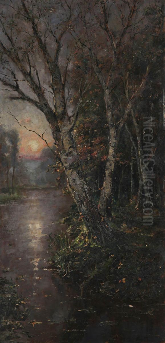 Forest view with water feature at sunset Oil Painting by Frans Simons