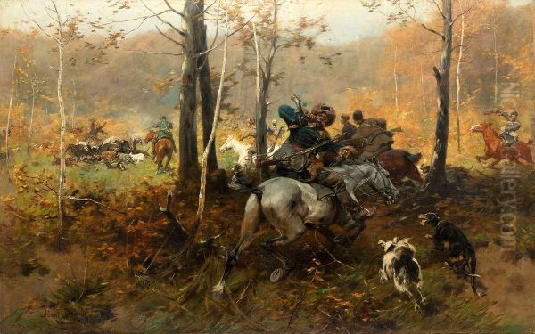 Hunting Oil Painting by Jozef Brandt