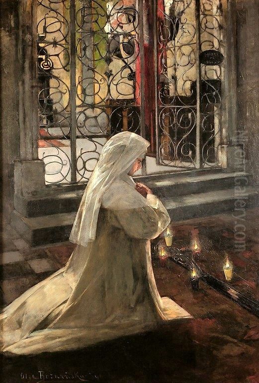 W Wielki Piatek (Zakonnica; Zakonnica modlaca sie w kosciele; Sluby zakonne rzezbiarki Toli Certowiczowny) Oil Painting by Olga Boznanska