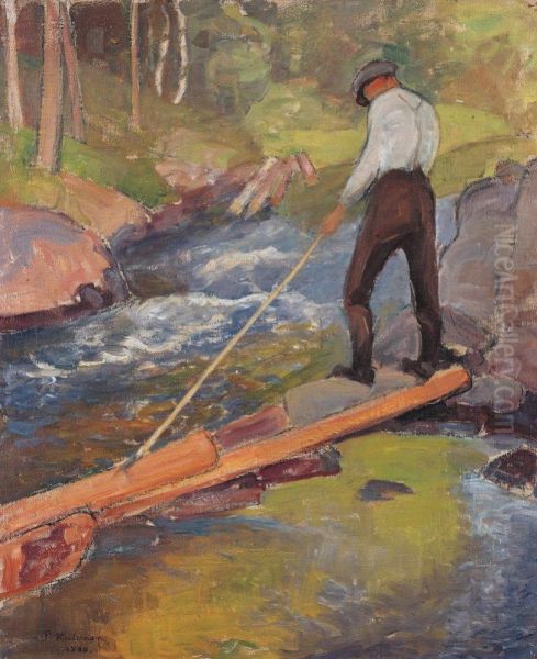 Log Driver Oil Painting by Pekka Halonen