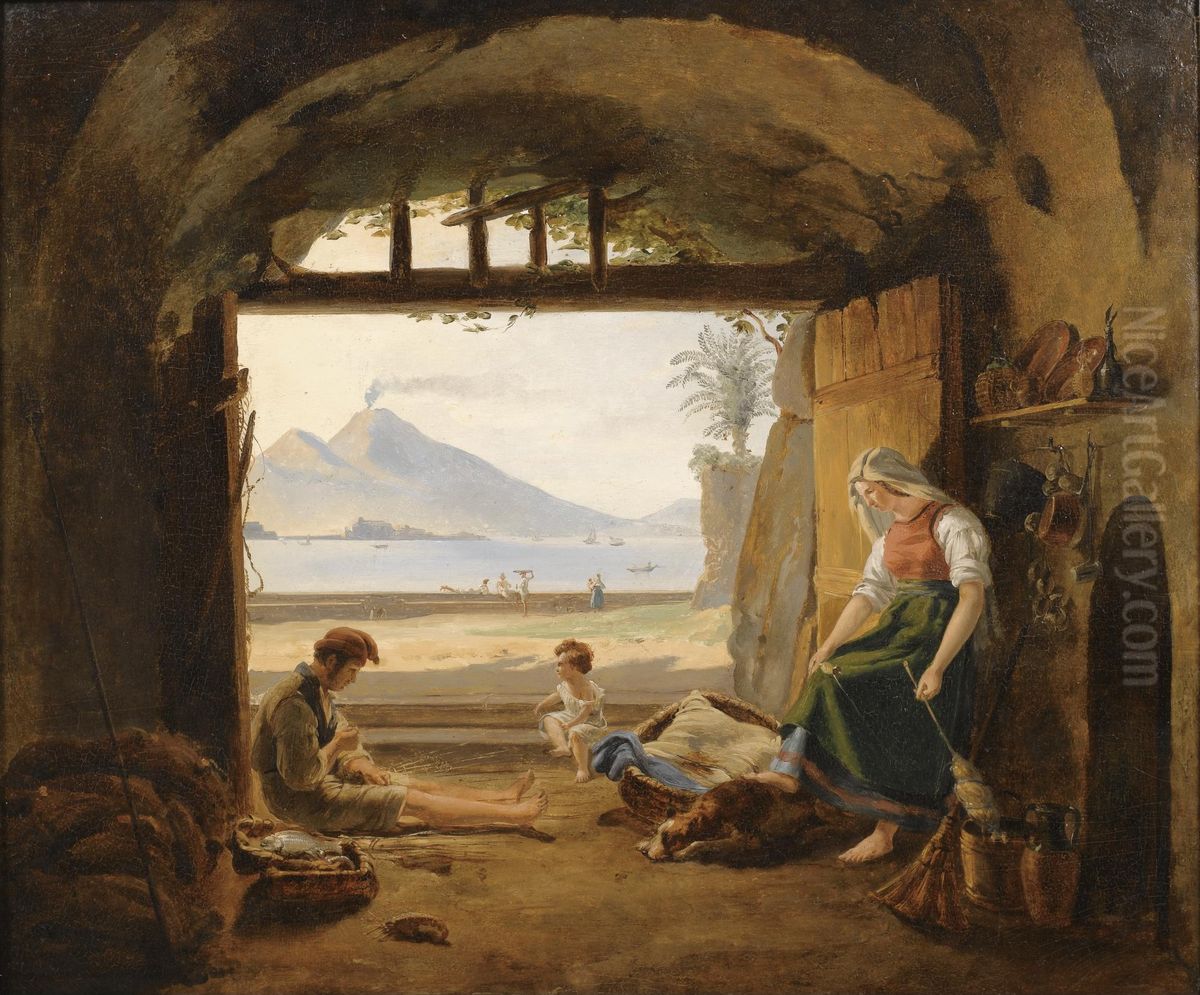 Neapolitan fishermen in Mergellina, the Castel dell'Ovo and Vesuvius beyond Oil Painting by Franz Ludwig Catel