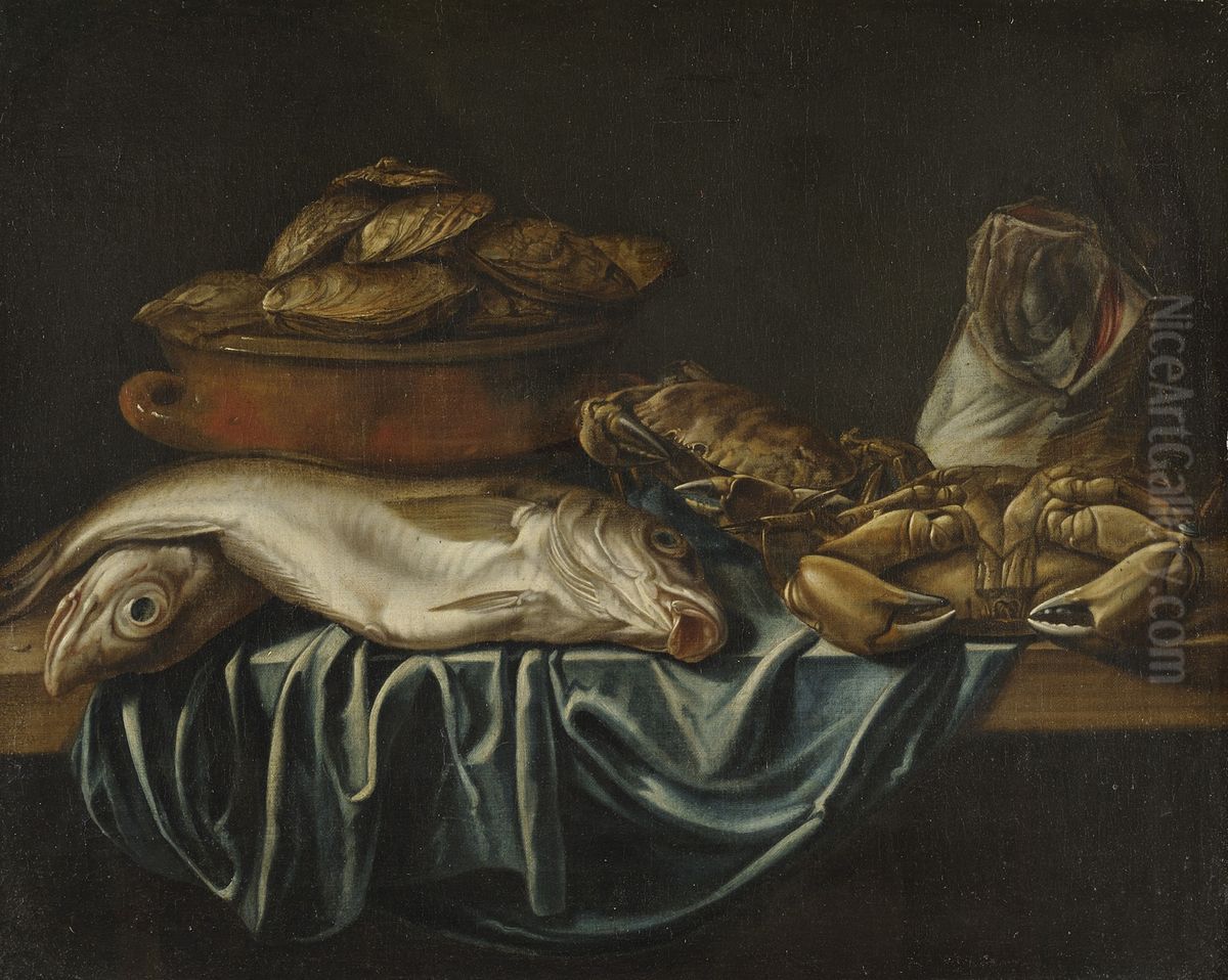Carp, stockfish, crab on a table and oysters in a crock pot Oil Painting by Peeter van den Bemden