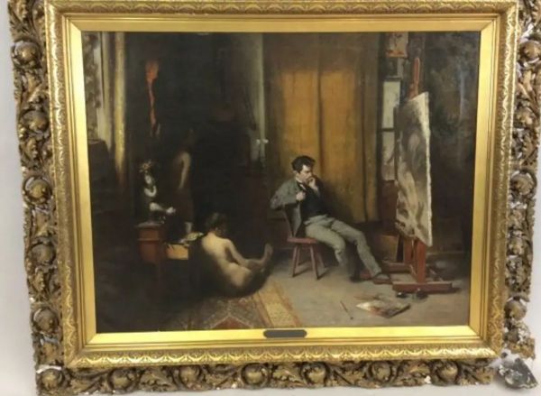 Artist in his studio with a model Oil Painting by Charles Van Havermaet