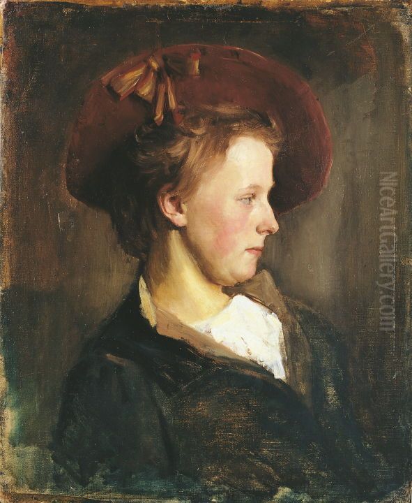 A Lady in a Red Hat Oil Painting by Paul Raud