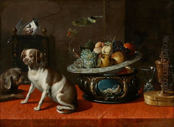 Still life of fruits and glassware with two dogs Oil Painting by Peter van Boucle