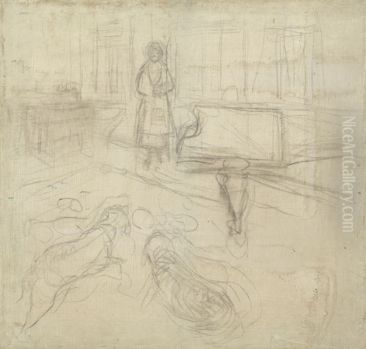 Interior with Woman, Two Dogs and Grand Piano Oil Painting by Edvard Munch