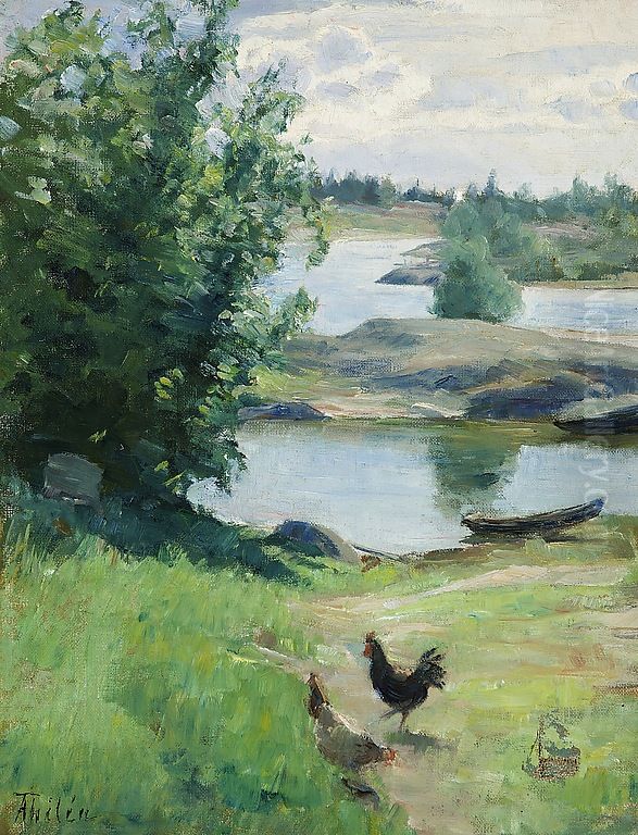 Rooster and Chicken Oil Painting by Ada Thilen