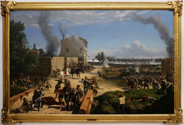 Toscani a Curtatone (Campagna del 1848, veduta presa sul ponte dell'Osone), Oil Painting by Pietro Senno