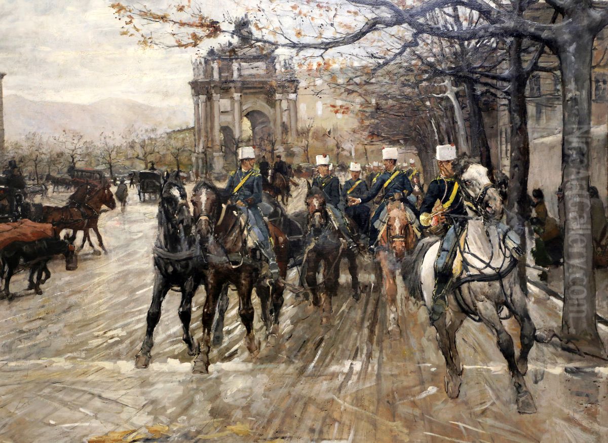 Il passaggio di un drappello di artiglieria da piazza San Gallo Oil Painting by Ruggero Panerai