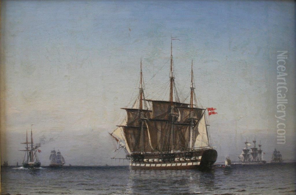 A Danish ship of the line and other vessels at sea. Oil Painting by Carl Baagoe