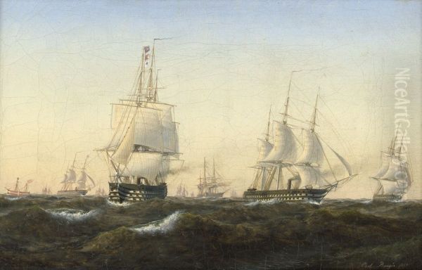 Fladeeskadre passerer dansk fyrskib. Oil Painting by Carl Baagoe