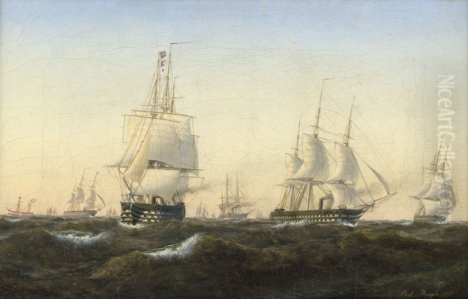 A naval squadron passing a Danish lightship. Oil Painting by Carl Baagoe