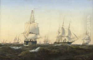 A naval squadron passing a Danish lightship.