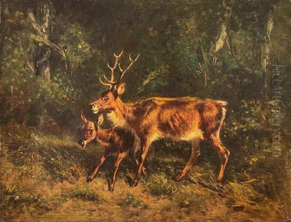 Deer and fawn Oil Painting by Filippo Palizzi