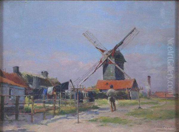 Belgian Town Scene Oil Painting by Louis Van Engelen