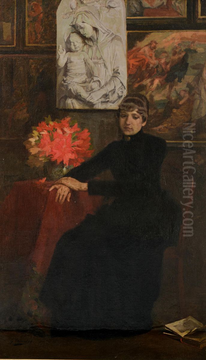 Portrait of a lady sitting in an interior Oil Painting by Gustaaf Vanaise