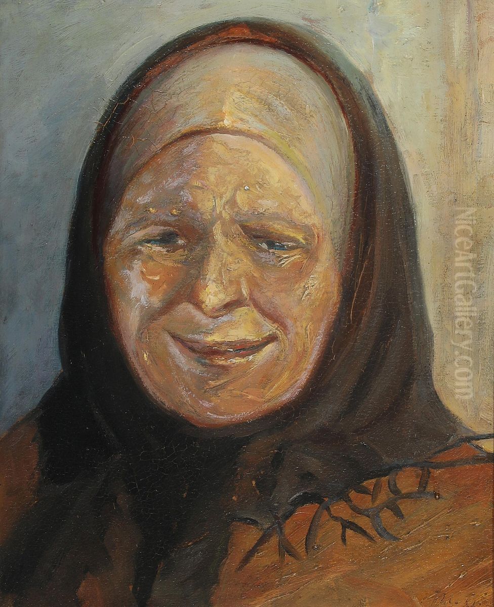 Portraet af kvindelig skagbo med sollys pa venstre kind. Oil Painting by Michael Peter Ancher