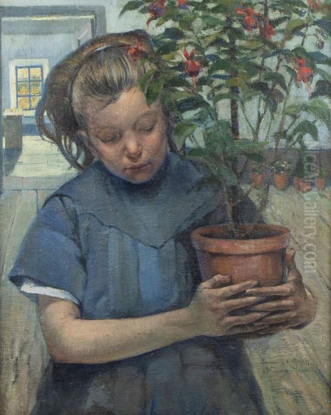 Girl with fuschias Oil Painting by Firmin Baes
