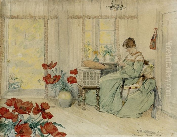 Marie and Vibeke embroidering in our home in Skagen Plantage Oil Painting by Peder Severin Kroyer