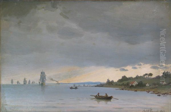 Ships off a coast. Oil Painting by Carl Baagoe