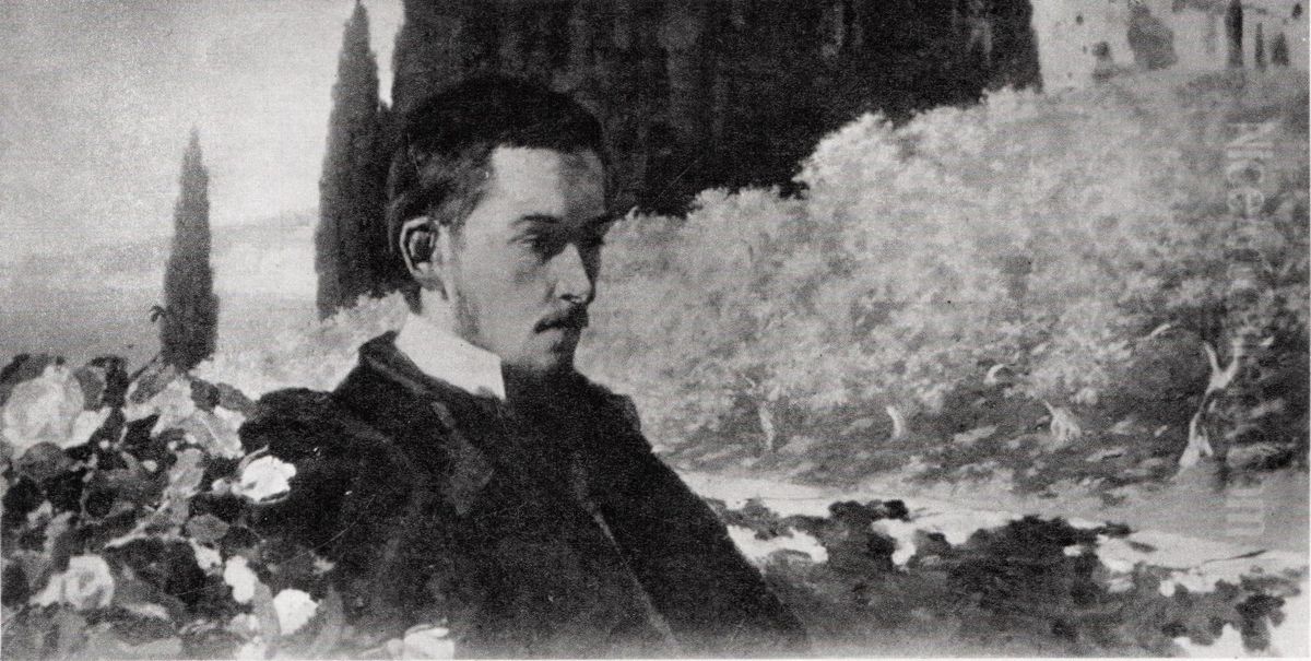 Self-portrait [?] against the background of the landscape from Lovrana Oil Painting by Stanislaw Witkiewicz