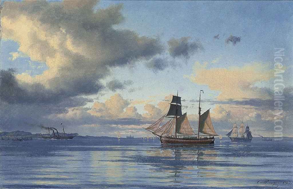 Hjuldamper og sejlskibe ud for Kronborg. Oil Painting by Carl Baagoe