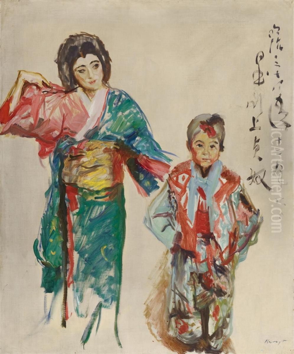 Portrait der Tanzerin Sadayakko mit ihrem Ziehsohn Raikichi Oil Painting by Max Slevogt