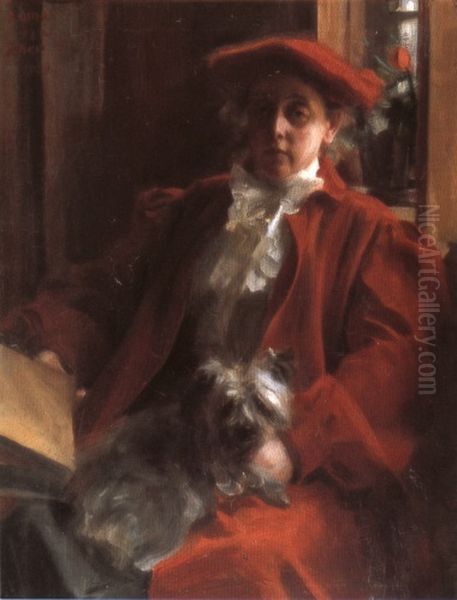 Emma Zorn and Mouche, the dog Oil Painting by Anders Zorn