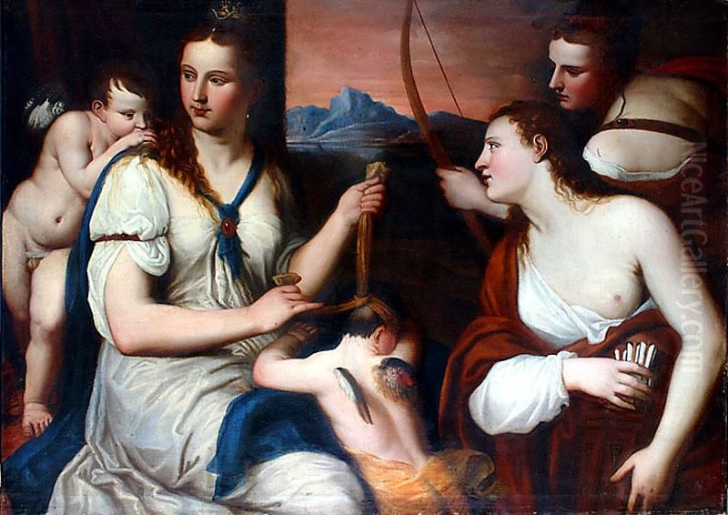 Venus attaching a blindfold to Love's eyes Oil Painting by Titian