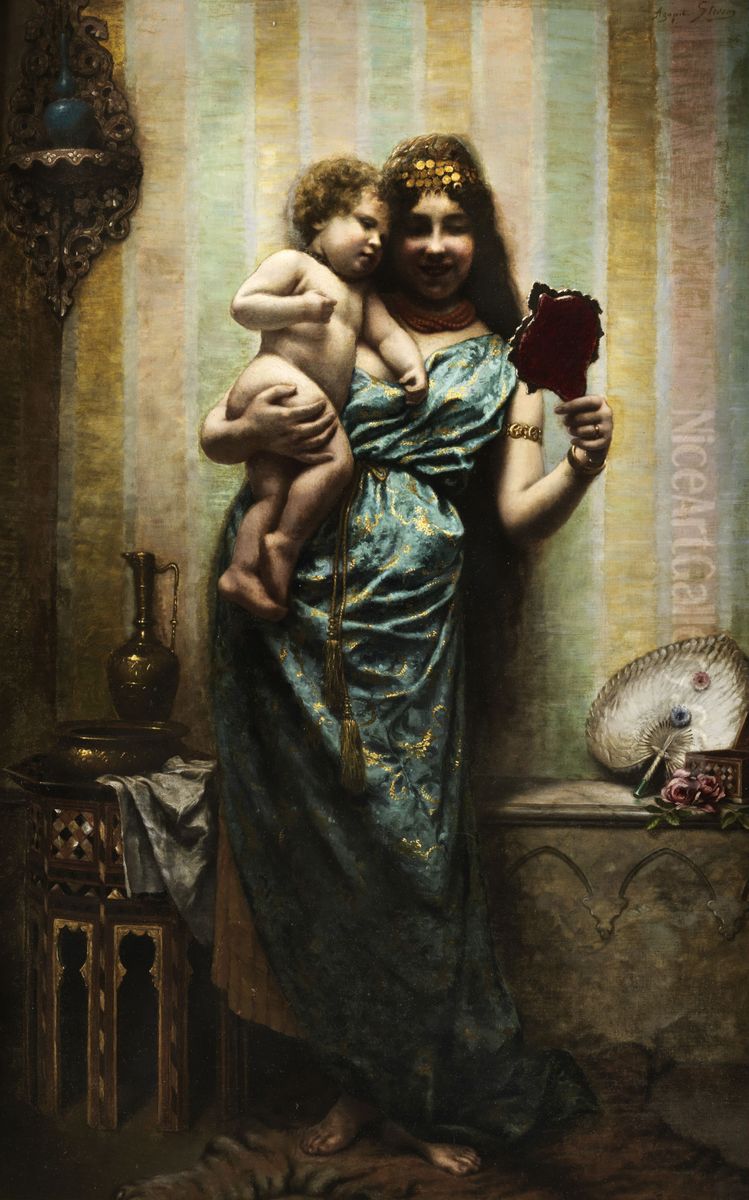 Mother and child in an oriental interior Oil Painting by Agapit Stevens