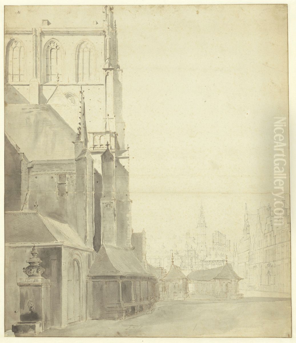 Vismarkt, oostzijde, met pomp Oil Painting by Gerrit Adriaenszoon Berckheyde