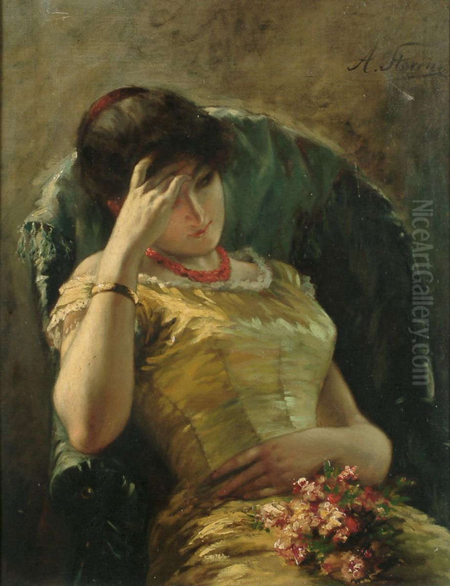 Young beauty with flowers on her lap Oil Painting by Agapit Stevens