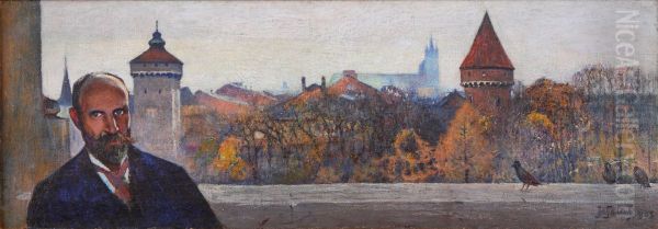 Self-portrait against the view of Krakow Oil Painting by Julian Falat