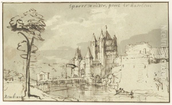 View of the Amsterdam Gate (Amsterdamse Poort) in Haarlem Oil Painting by Rembrandt