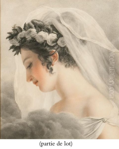 Tete De Femme Portant Un Voile Et Couronnee De Fleurs Oil Painting by Casimir Carbonnier