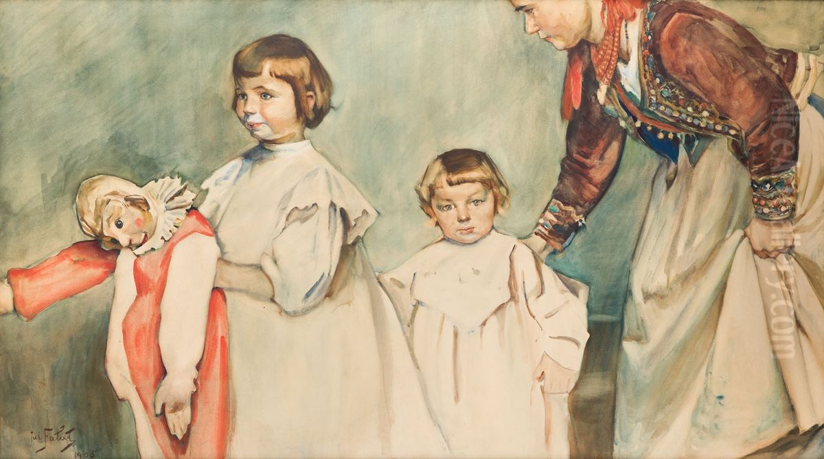 Artist's children with the nanny Oil Painting by Julian Falat