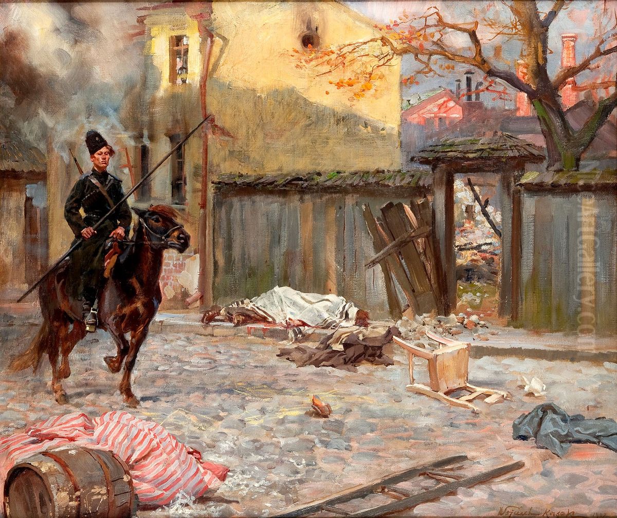 Scene from Russian village with Cossack Oil Painting by Wojciech Kossak Scene from Russian village with Cossack Oil Painting by Wojciech Kossak