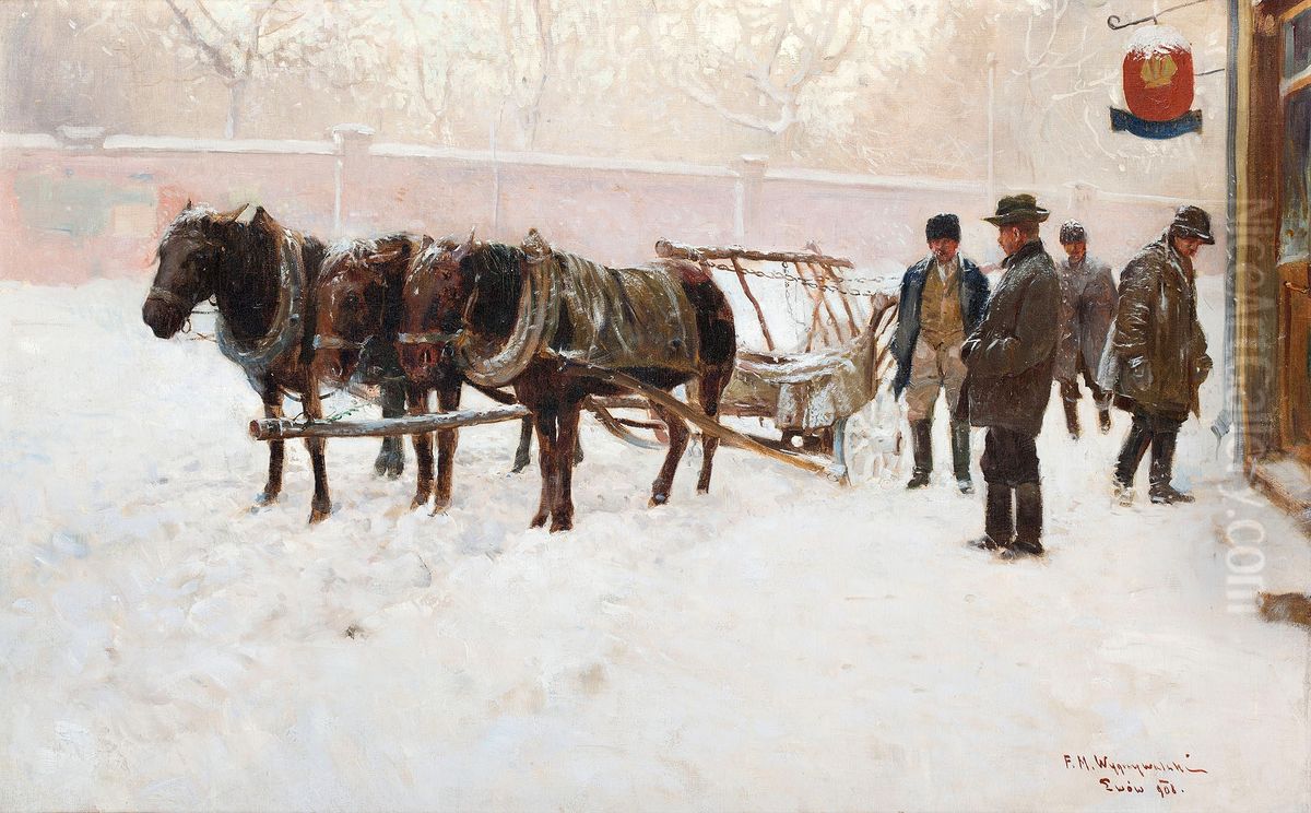 Zaprzeg przed karczma Oil Painting by Feliks M. Wygrzywalski