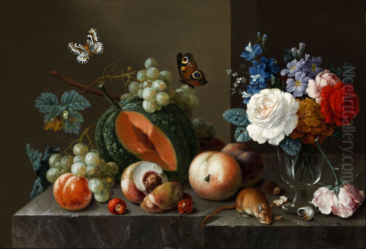 Blumen und Fruchte auf einer steinernen Plinthe mit Schmetterlingen und Mausen Oil Painting by Johann Amandus Winck