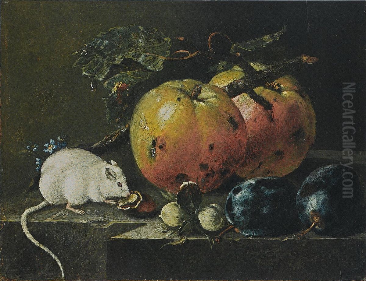 Still-lifen with fruit, nuts and a white mouse Oil Painting by Johann Amandus Winck