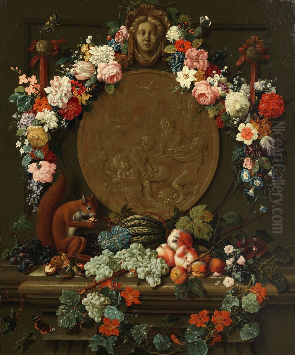 Still life with squirrel on a stone ledge with fruit, before a medallion garlanded with flowers Oil Painting by Johann Amandus Winck
