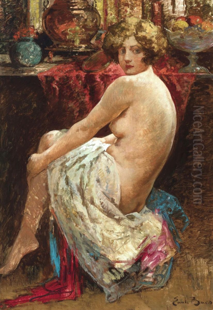 Seated nude looking at viewer Oil Painting by Emile Baes