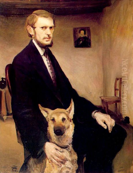 Self-portrait with a dog Oil Painting by Miroslav Kraljevic