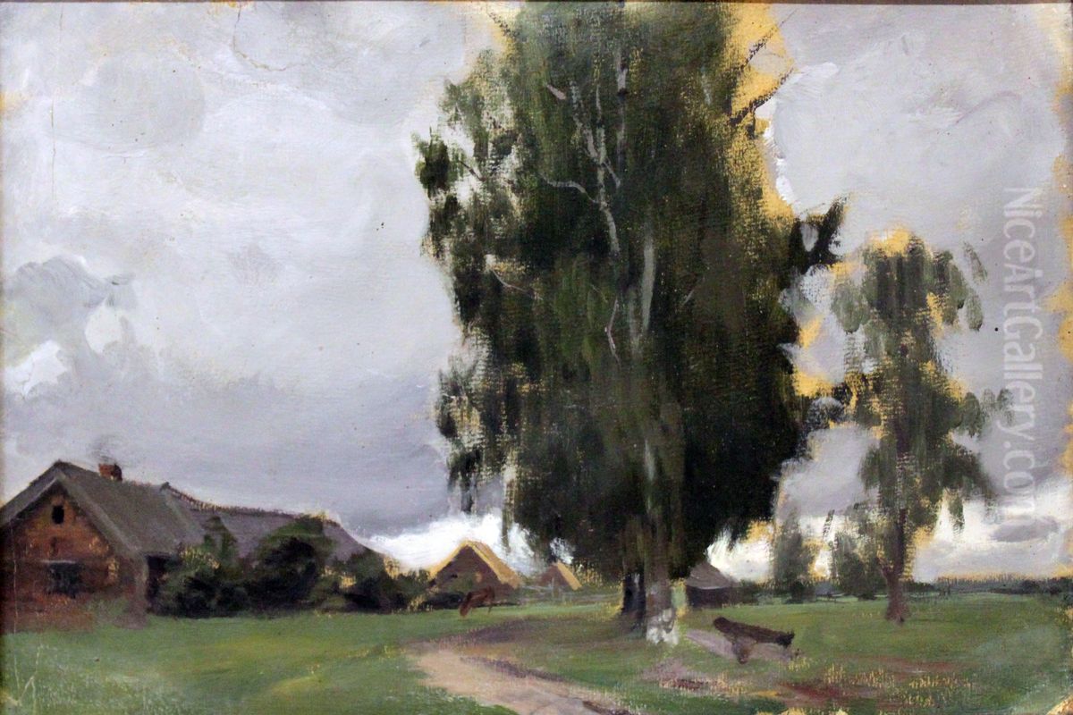 Trees in a village Oil Painting by Boris Kustodiev