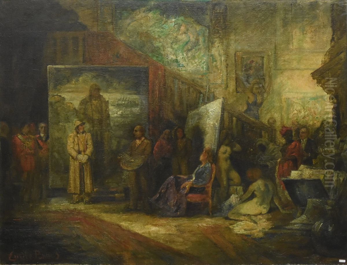 Satirical self-portrait of painter Emile Baes posing with Belgian King Albert I in front of his portrait Oil Painting by Emile Baes